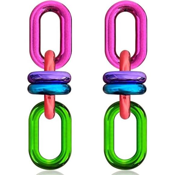 Two-Tone Chain Link Dangle Hoop Earrings – Bold Colorful Statement Jewelry - Picture 5 of 5
